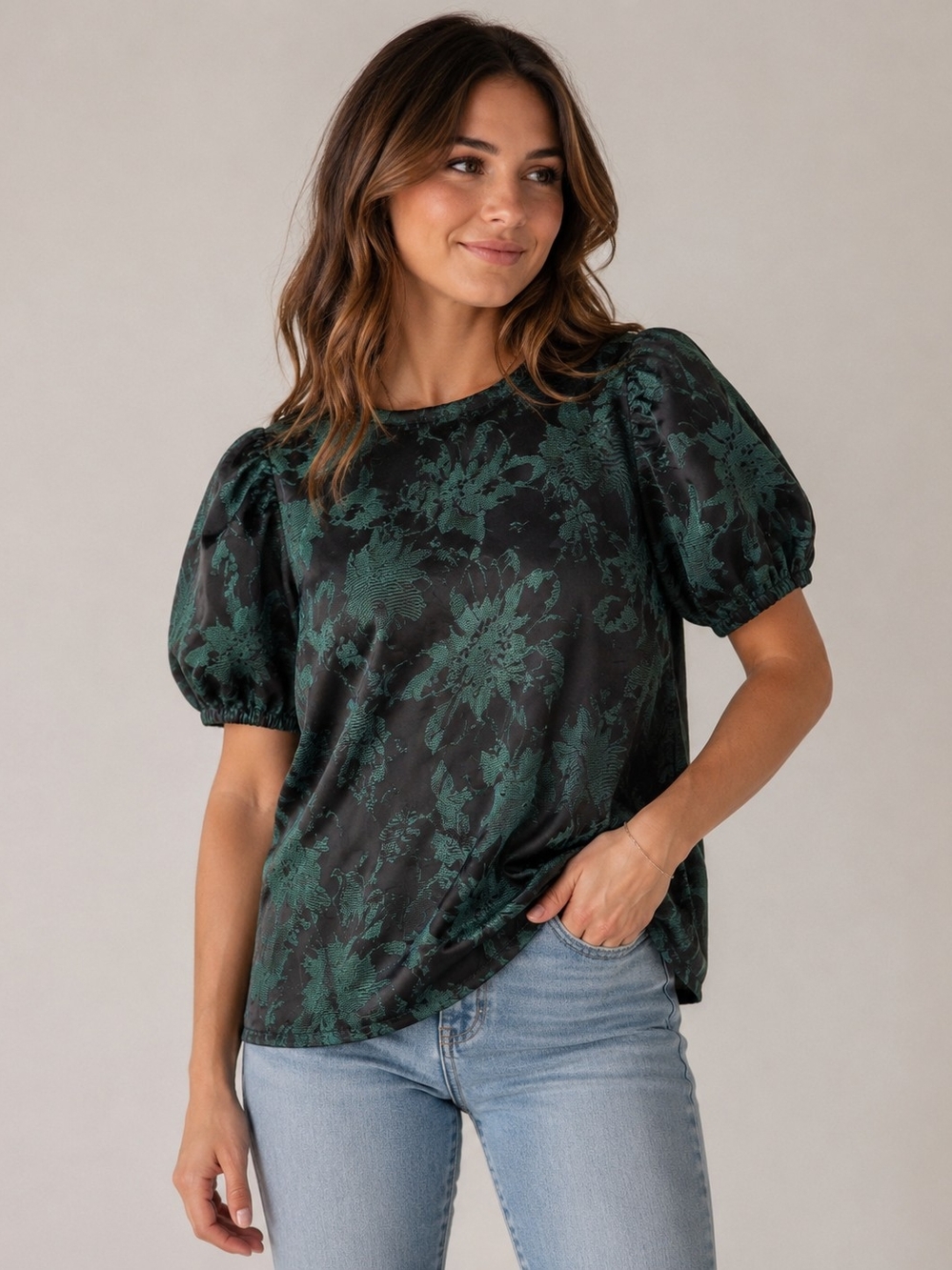 Sugarlips Palmina Jaquard Puff Sleeves Emerold And Black Floral Size Large NWT